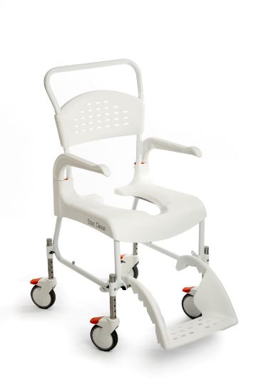 Picture of Etac Clean Height adjustable shower commode chair, white with 4 locakable castors